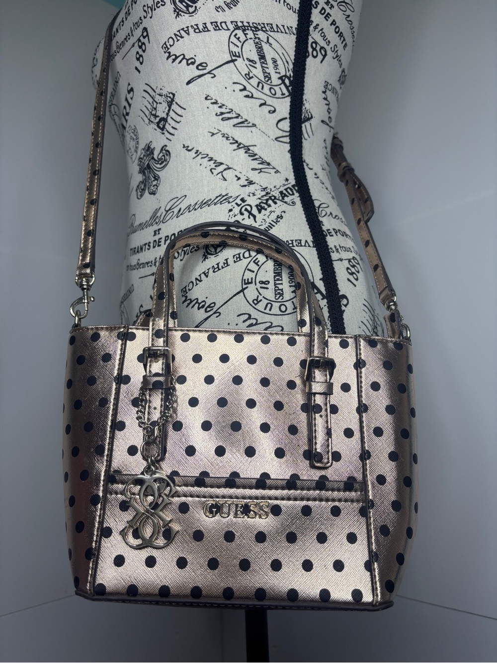 GUESS Delaney Rose Gold Metallic Polka Dot Mini Tote Crossbody Bag